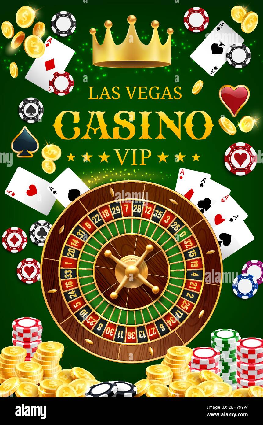 Casino juego de juego de ruleta de la fortuna con dados y cartas de póquer.  Póster de póquer vectorial las Vegas con corona de oro, moneda de oro  brillante Imagen Vector de