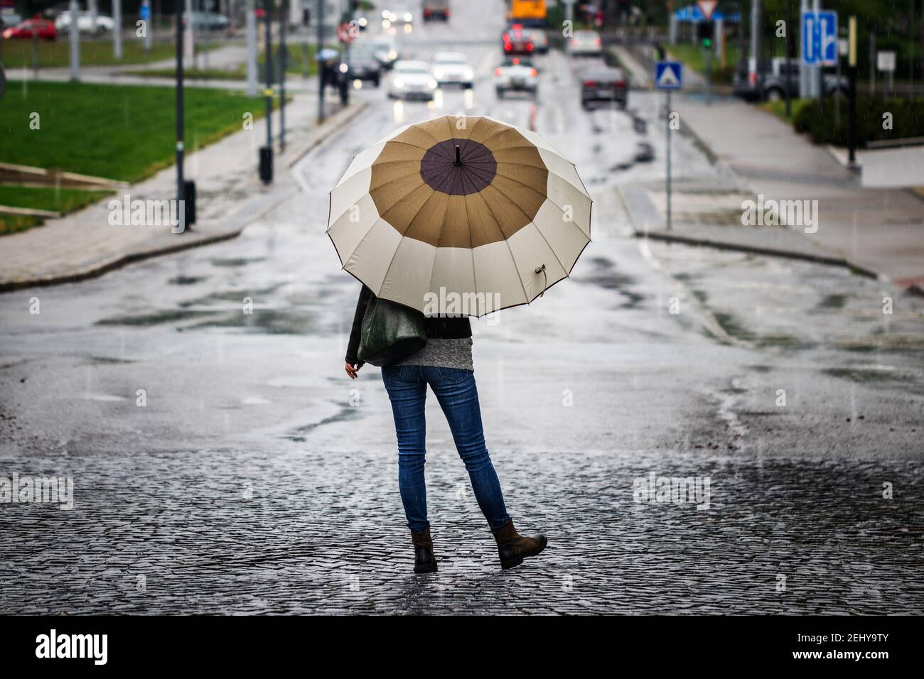 Mujer con paraguas de pie en la calle de la ciudad bajo la lluvia. Coches  desenfocado en la carretera en la distancia. Vista posterior de la mujer  usando jeans, chaqueta de cuero