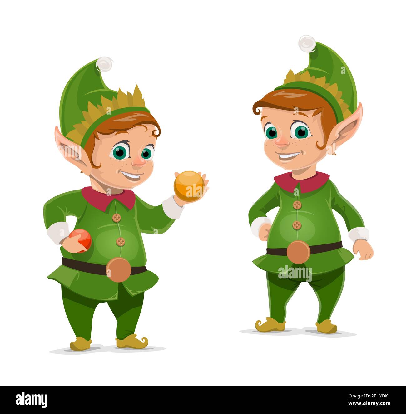 Personajes de dibujos animados de elfos de Navidad de los ayudantes de Santa  Claus. Enanas vectoriales o pequeños pueblos en trajes y sombreros verdes  con bolas de árbol y bolas de Navidad.