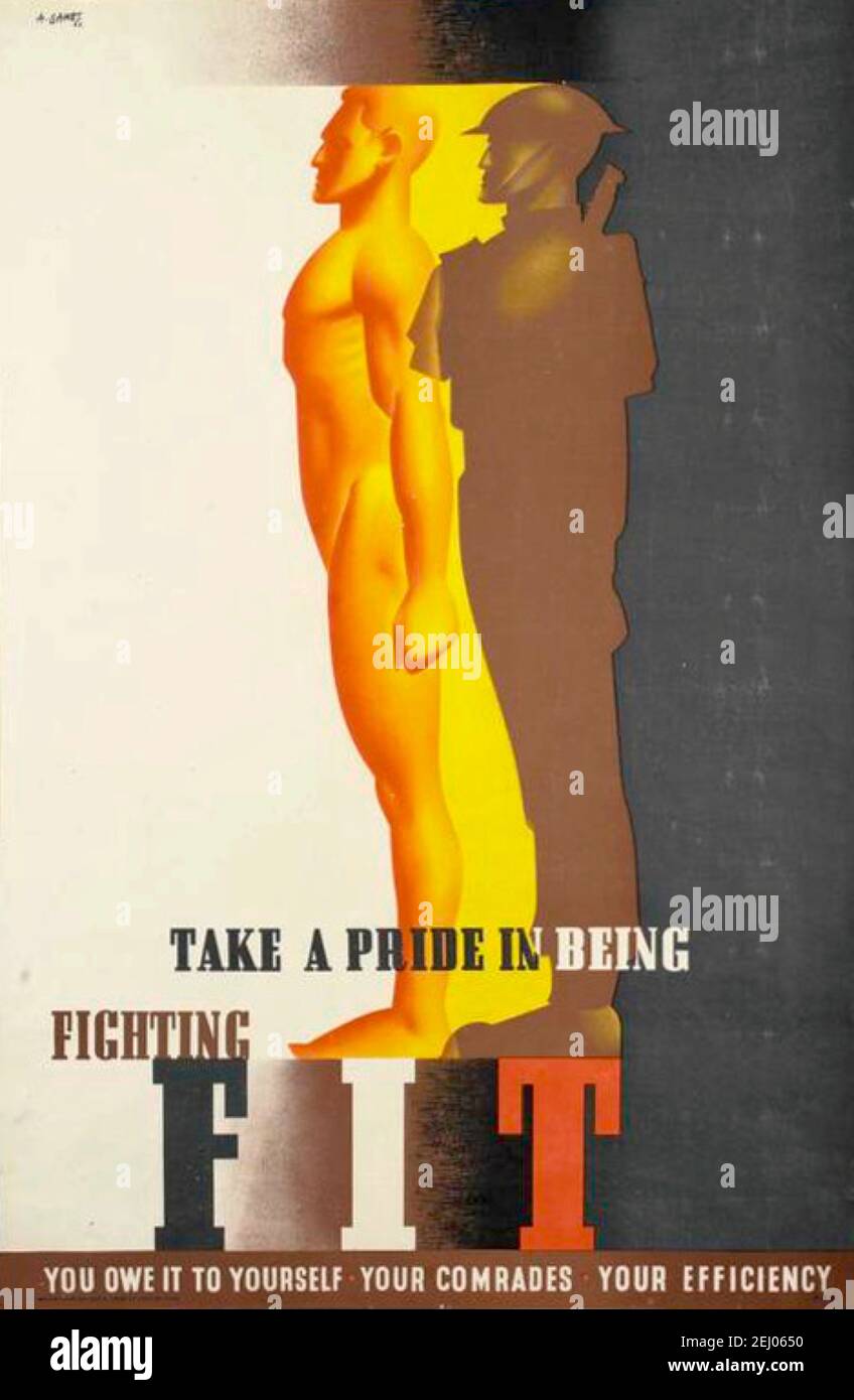 Cartel de la Segunda Guerra Mundial diseñado por Abram Games titulado Take a Pride in Bing Fighting Fit. Cartel animando a los soldados a ponerse en forma. Foto de stock
