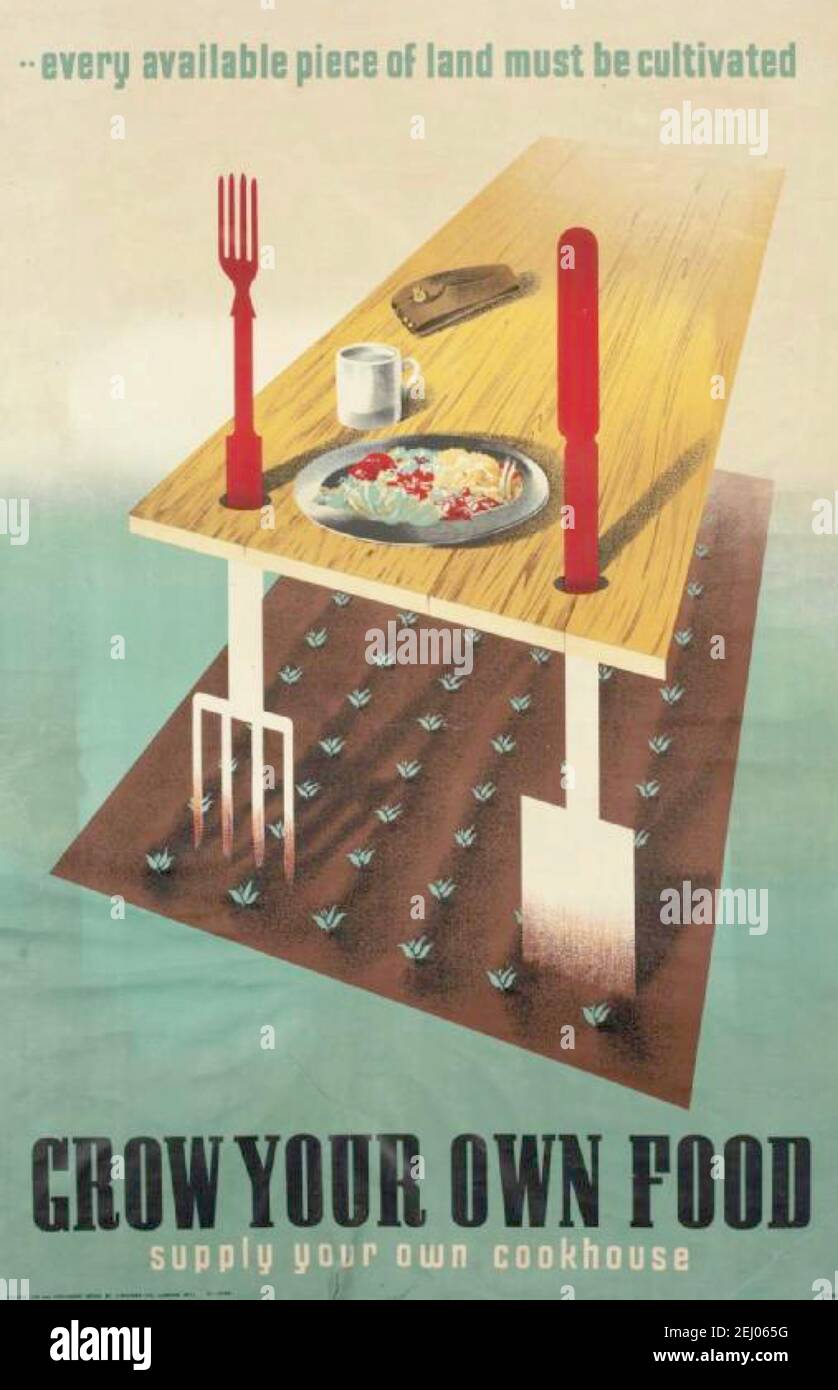 Póster de la Segunda Guerra Mundial de los Juegos Abram titulado Grow Your Own Food. Cartel que muestra una mesa puesta cuyas piernas están formadas por una pala blanca y un tenedor. Foto de stock