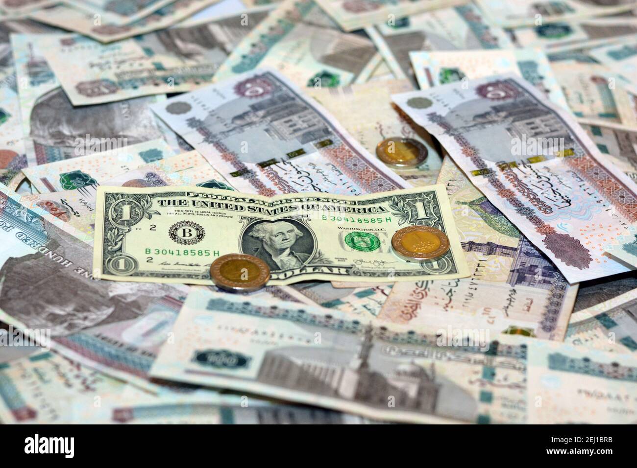 Moneda nacional de Egipto con fondo de billete de dólar de EE.UU. Libras  egipcias de dinero y dólares americanos tipo de cambio Fotografía de stock  - Alamy