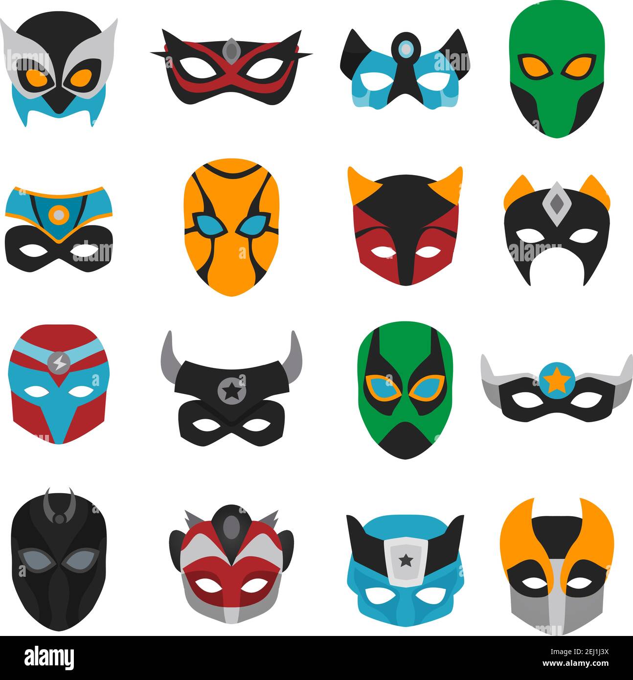 Conjunto de máscaras superhéroes femeninas y masculinas con diversos  ornamentos, cuernos y signos de ilustración vectorial aislada Imagen Vector  de stock - Alamy