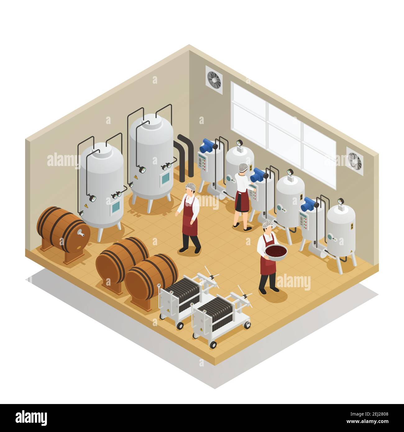 Producción de vino composición isométrica con empleados de fábrica y equipos para extracto de fermentación presión filtración envejecimiento vector illustrratio Ilustración del Vector