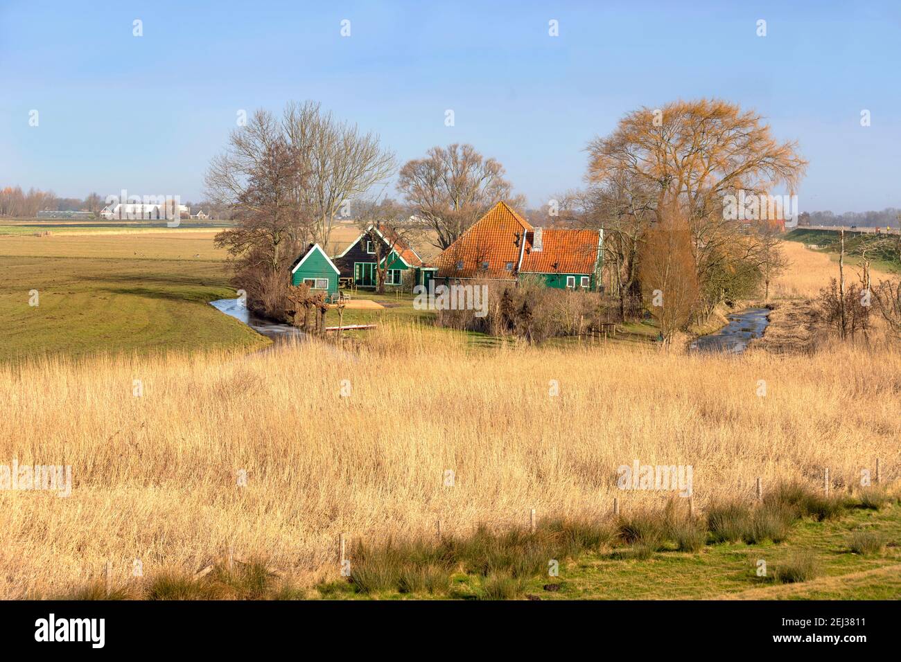 Vista escénica del campo desde el Zuiderdijk a lo largo del Lago IJsselmeer, Holanda del Norte, Holanda. Foto de stock