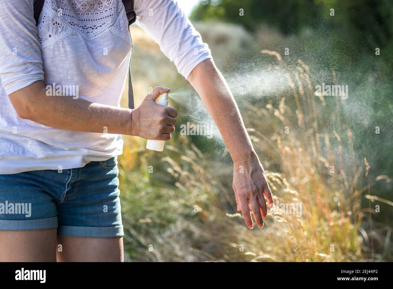 Repelente de insectos. Mujer aplicando repelente de mosquitos en la mano en la naturaleza. Protección de la piel contra garrapatas y otros insectos Foto de stock