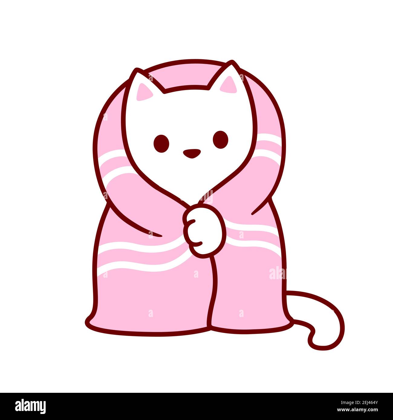 Lindo gato de dibujos animados con manta. Kawaii gatito blanco en una acogedora manta rosa. Ilustración de clip vectorial aislado. Ilustración del Vector