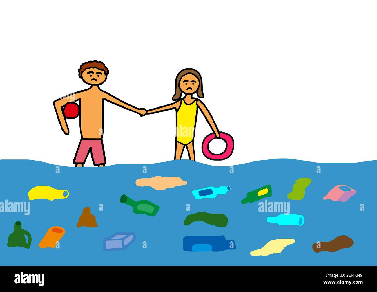 Ilustración ingenua, dibujo de niños, contaminación ambiental por residuos  plásticos flotando en el mar en la playa de baño, Austria Fotografía de  stock - Alamy