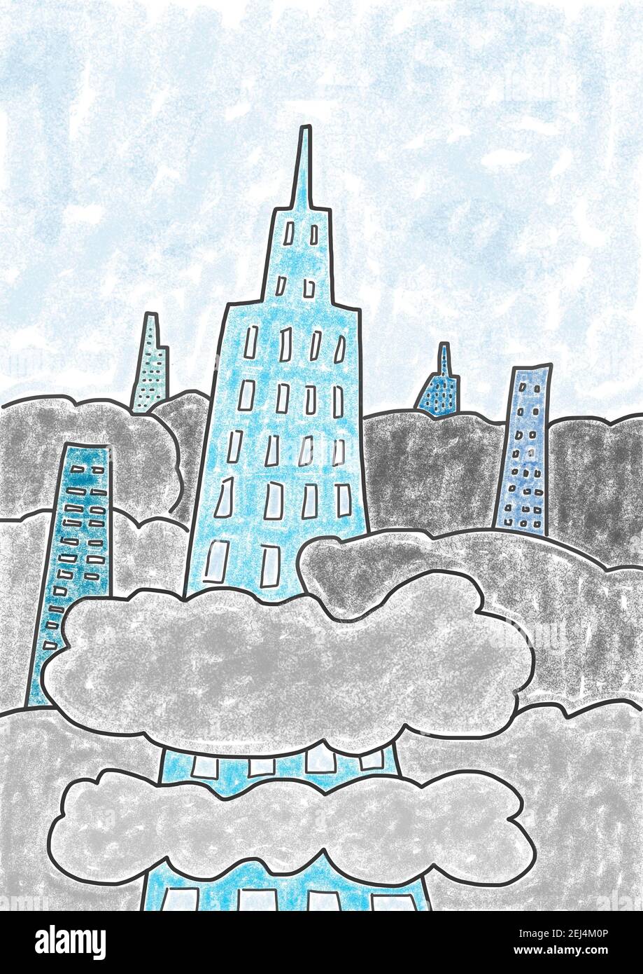 Una ilustración ingenua, niños dibujando, rascacielos se elevan a través de un mar de nubes Foto de stock