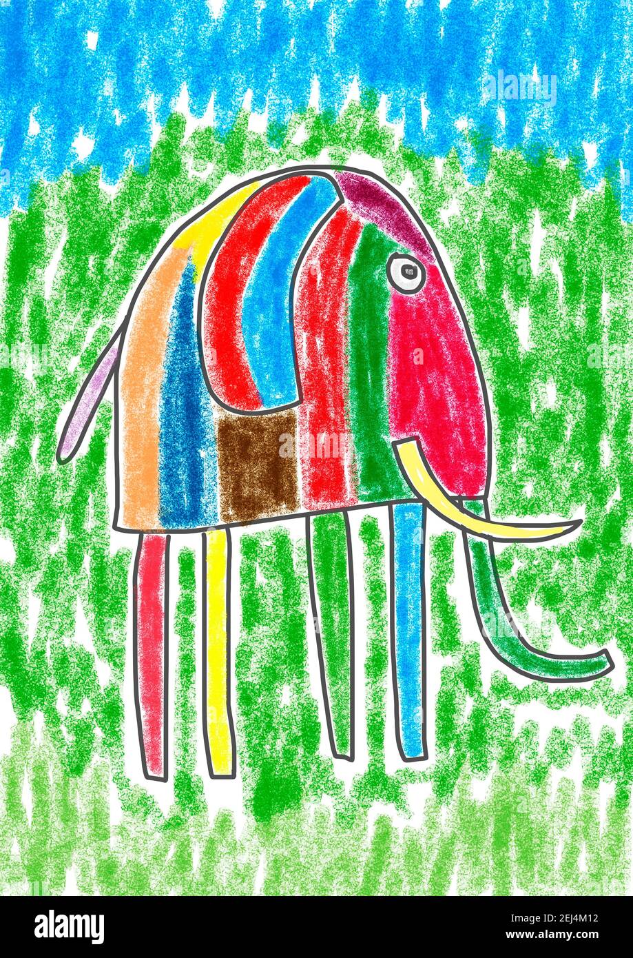 Ilustración ingenua, dibujo de niños, elefante colorido, animal safari, Austria Foto de stock
