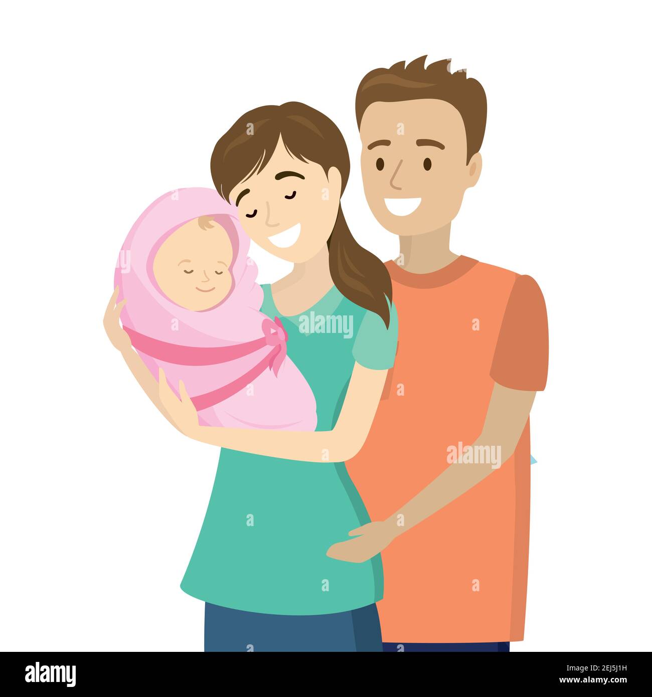 Pareja enamorada del recién nacido, la belleza del padre caucásico y la madre, la familia retrato,aislado sobre fondo blanco,ilustración vectorial de dibujos animados Ilustración del Vector