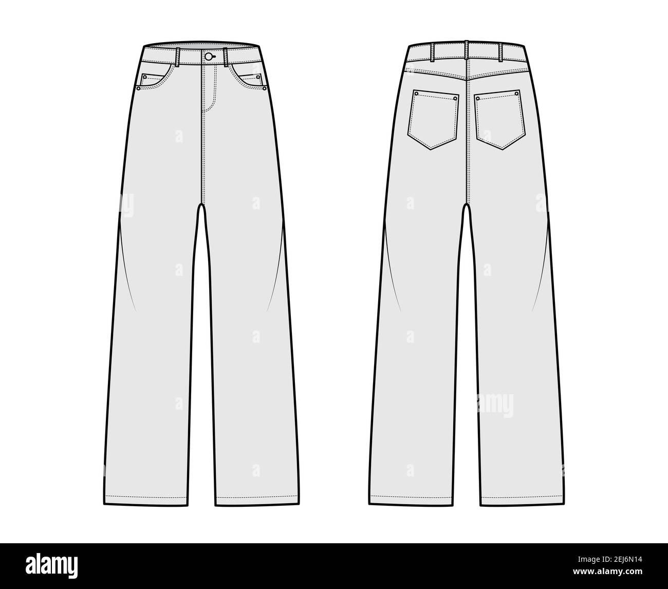 Baggy Jeans pantalones ilustración técnica de moda con longitud completa, cintura baja, elevación, remaches, trabillas. Plantilla de de fondo en la parte delantera, trasera, estilo de blanco. Mujeres,