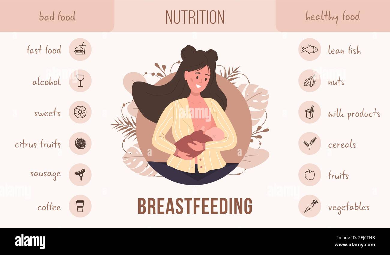 Infografía sobre la nutrición en la lactancia materna. Qué comer durante la  lactancia. Mujer joven que sostiene a un bebé recién nacido. Buena y mala  comida para la madre joven. Vector Imagen