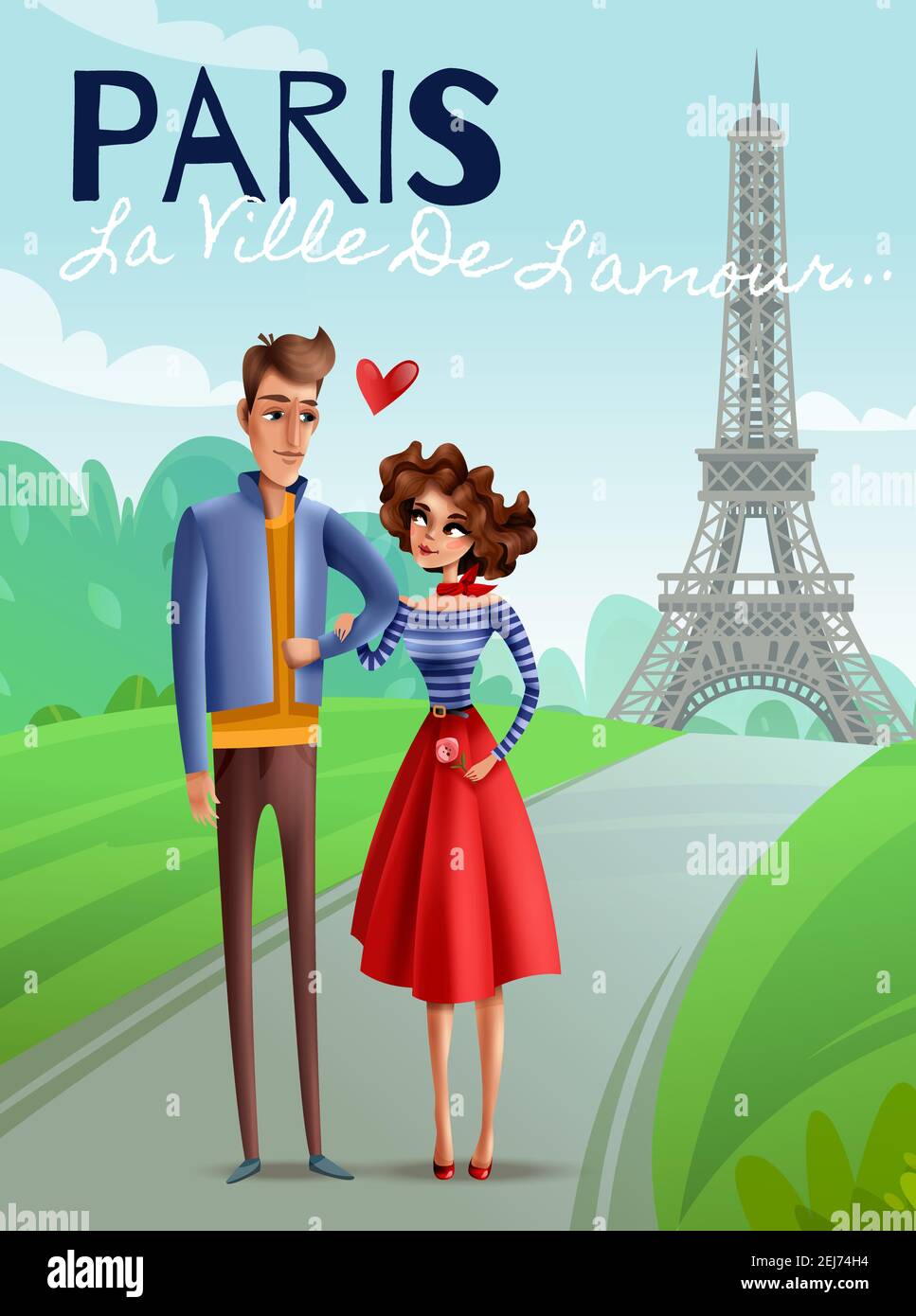 París como cartel de dibujos animados de la ciudad del amor con la pareja  joven en la torre eiffel fondo ilustración vectorial Imagen Vector de stock  - Alamy