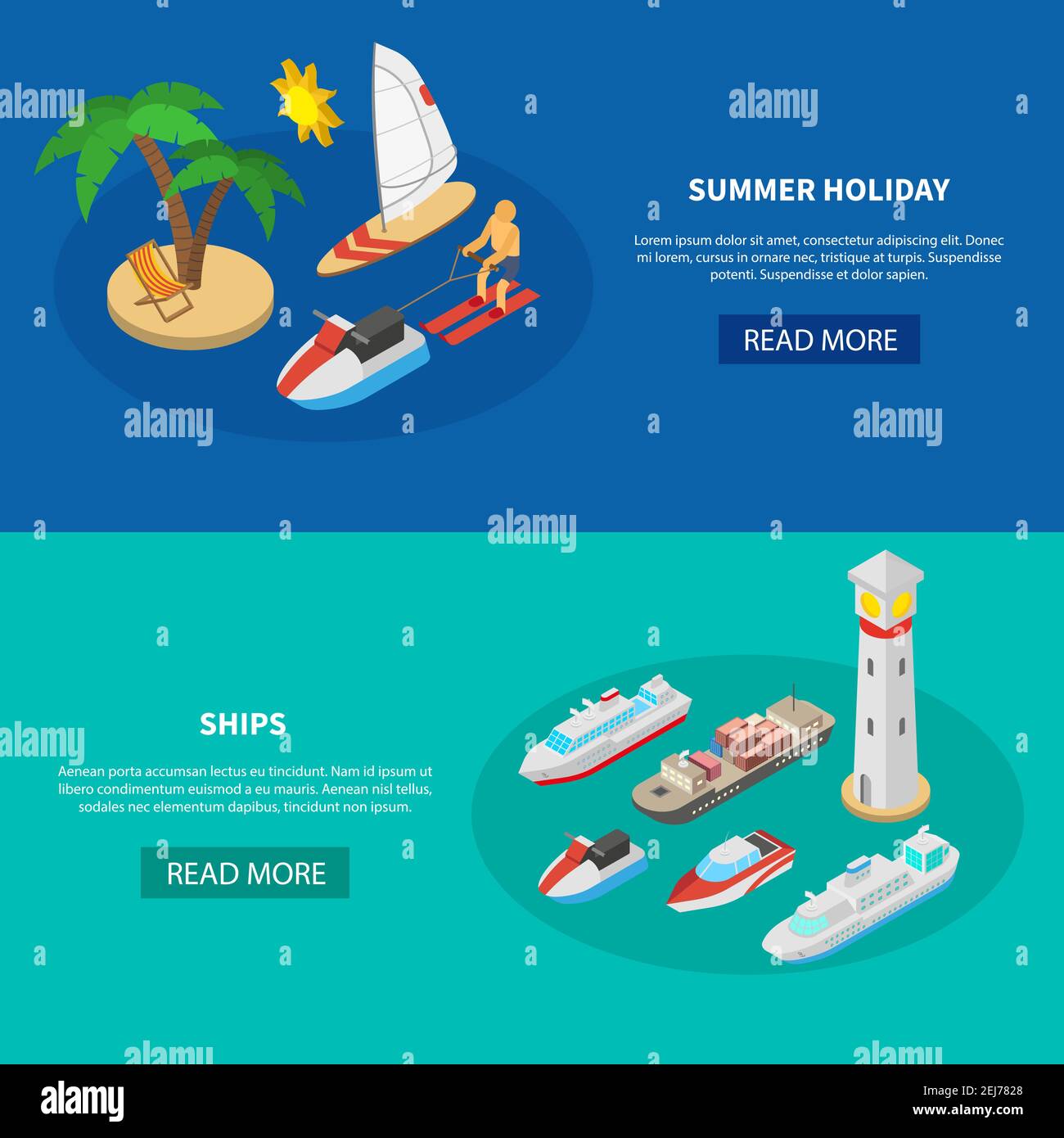 Conjunto de banderas isométricas horizontales con barcos para vacaciones de verano y naves comerciales aisladas ilustración vectorial Ilustración del Vector