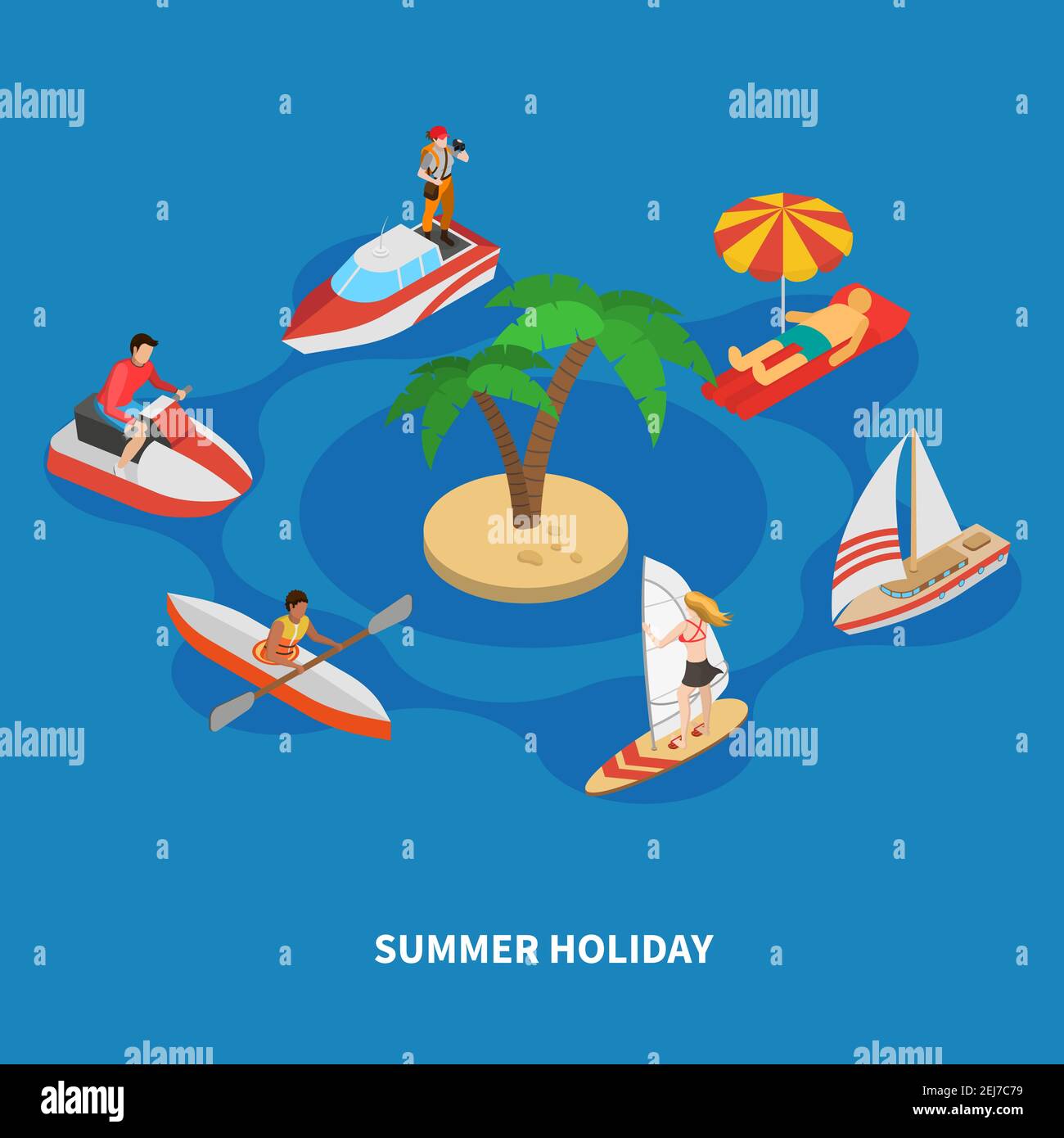 Actividades acuáticas durante las vacaciones de verano incluyendo surf, viaje en barcos, composición isométrica sobre fondo azul vector ilustración Ilustración del Vector
