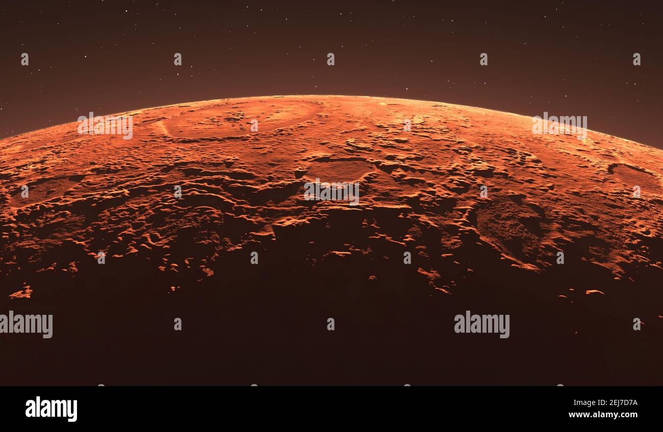 Marte - el planeta rojo. Superficie marciana y polvo en la atmósfera. Ilustración 3D Foto de stock
