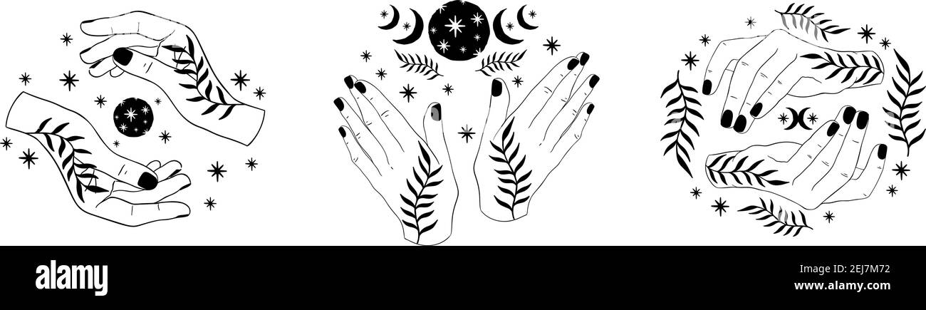 Juego de brujas de mano.mano celestial dibujado estilo boho.Wiccan hechizo colección esotérica. Ilustración del Vector