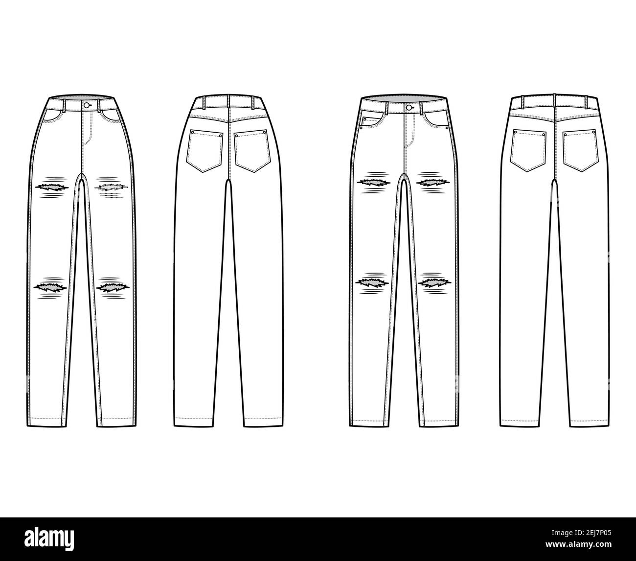 Conjunto de jeans rasgados pantalones vaqueros con detalle ilustración  técnica de moda con longitud completa, cintura normal, talle alto, 5  bolsillos, remaches. Plantilla de fondo plano parte delantera parte trasera  estilo de