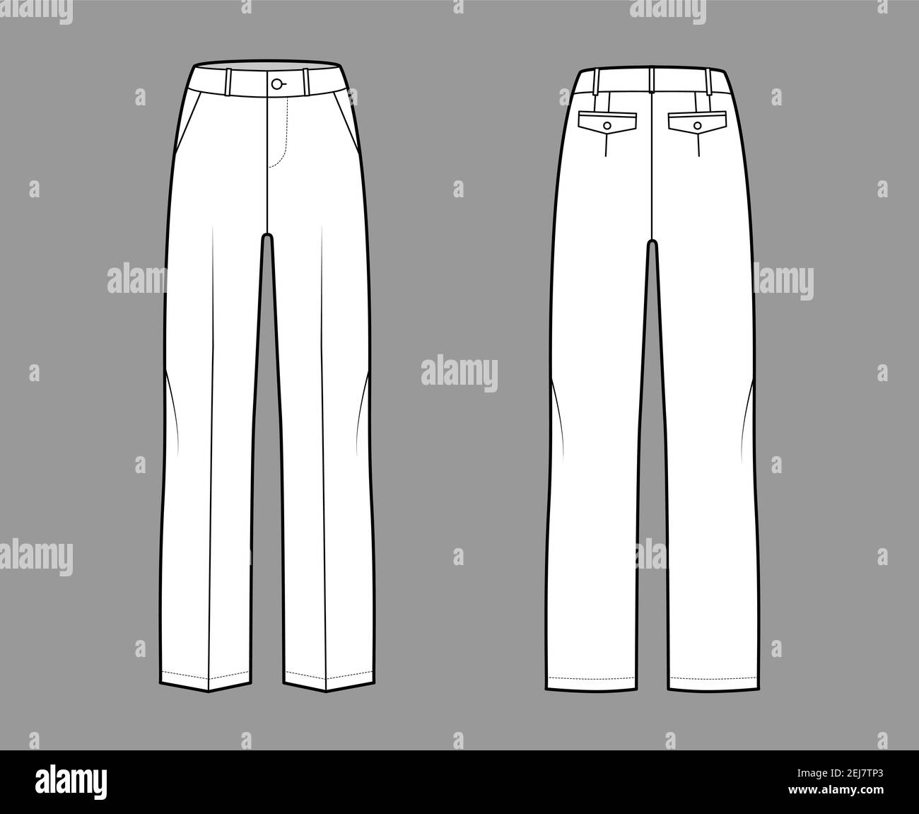 Pantalones a medida ilustración técnica de moda con cintura baja, talle,  longitud completa, bolsillos con recortes y trabillas. Pantalón de fondo  plano ropa plantilla frontal, espalda color blanco. Hombres unisex CAD  mascup