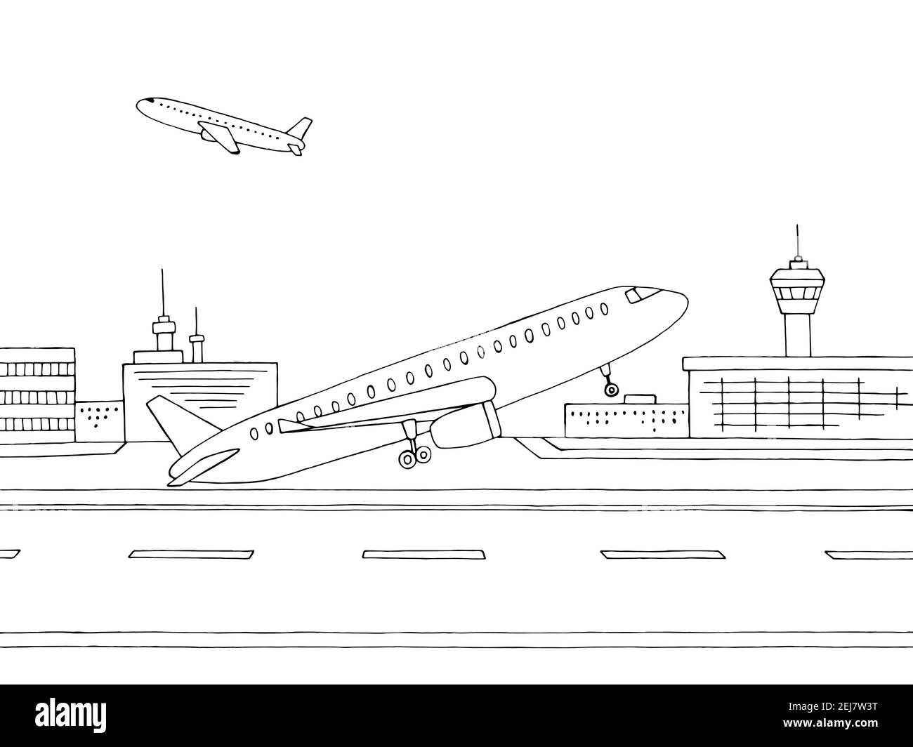 El avión exterior del aeropuerto saca la ilustración de un dibujo blanco y  negro vector Imagen Vector de stock - Alamy