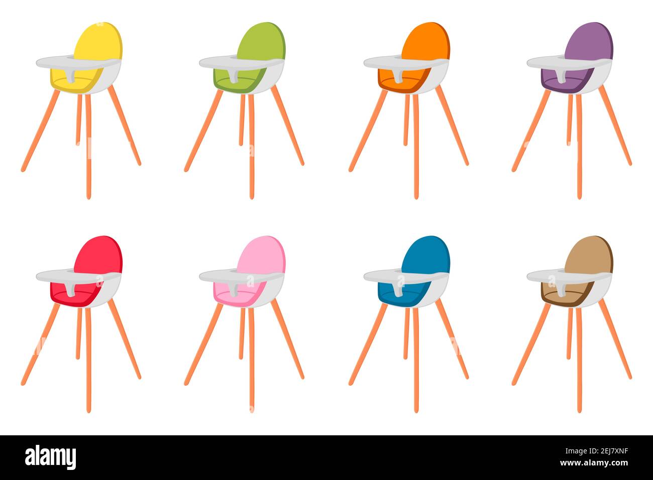Ilustración sobre el tema silla alta moderna y colorida para la  alimentación del bebé. Dibujo que consiste en una colección de diseños de  colores silla para niños en las piernas altas. Ki