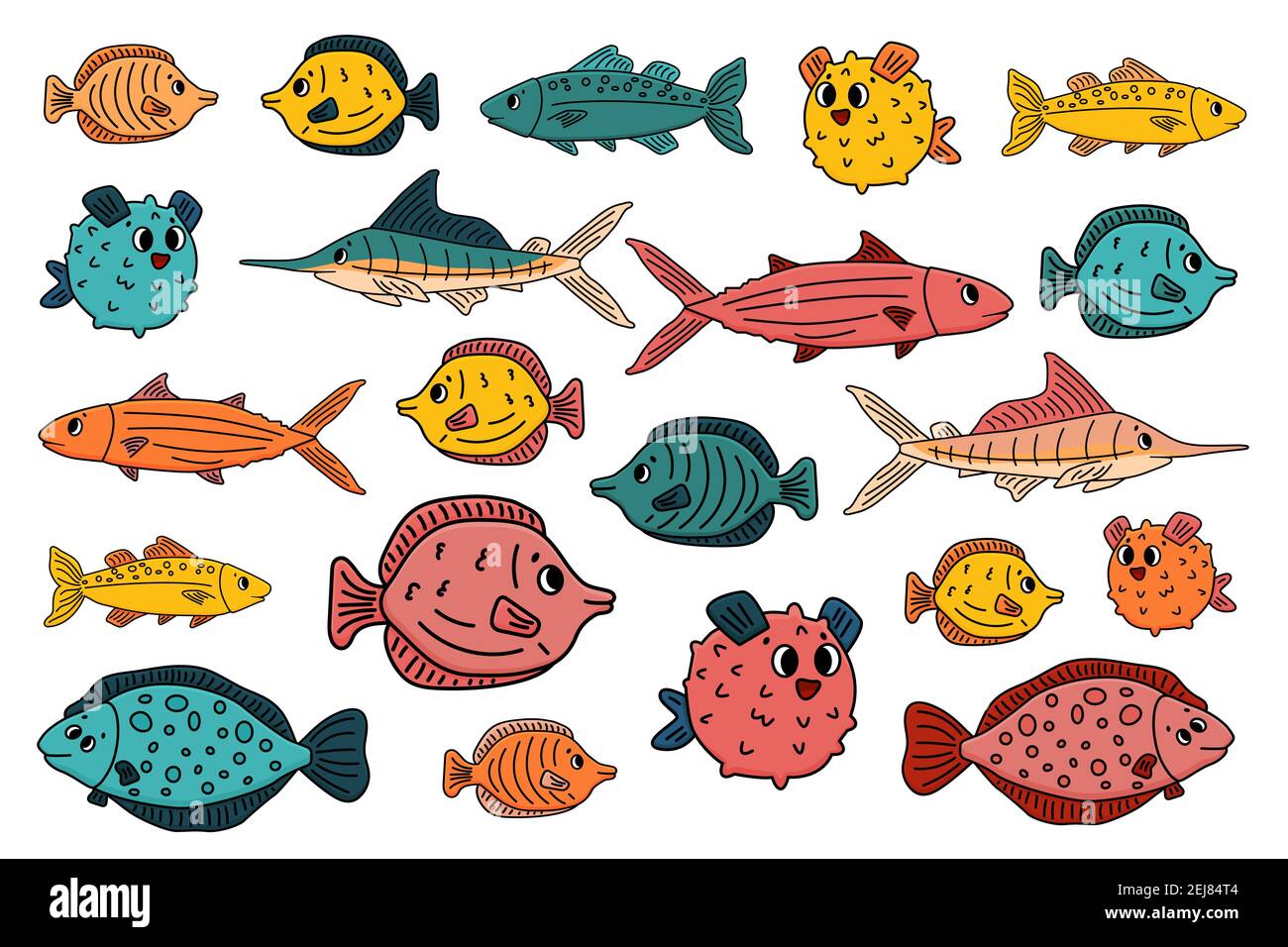 Conjunto de contornos diferentes lindo vector de dibujos animados bajo el  agua pescado, tang, platija, atún, pez espada del océano, aguja de mar.  Fideos animales aislados. Ilustración Imagen Vector de stock -
