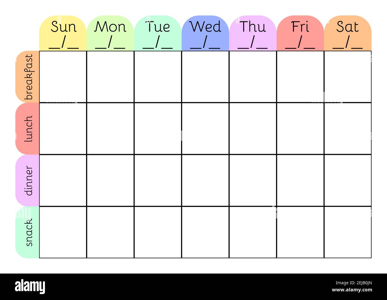 Menú semanal A4 plantilla de planificador imprimible. Horario de comidas en blanco. Calendario vectorial semanal sin fecha. Ilustración del Vector