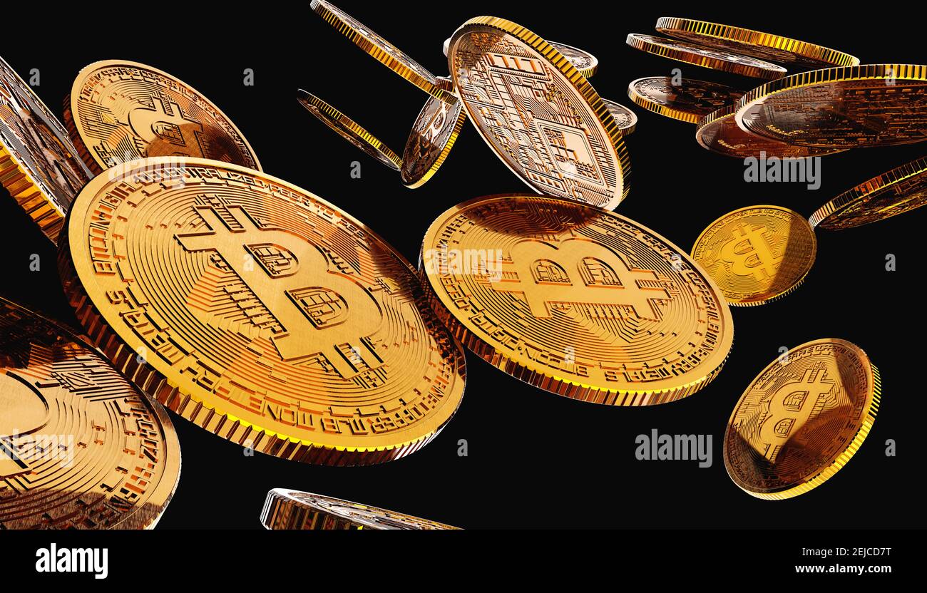 Finanzas y mercados. Bitcoins y nuevo concepto de dinero virtual. Bitcoins de oro con fondo negro. Moneda criptográfica. Foto de stock