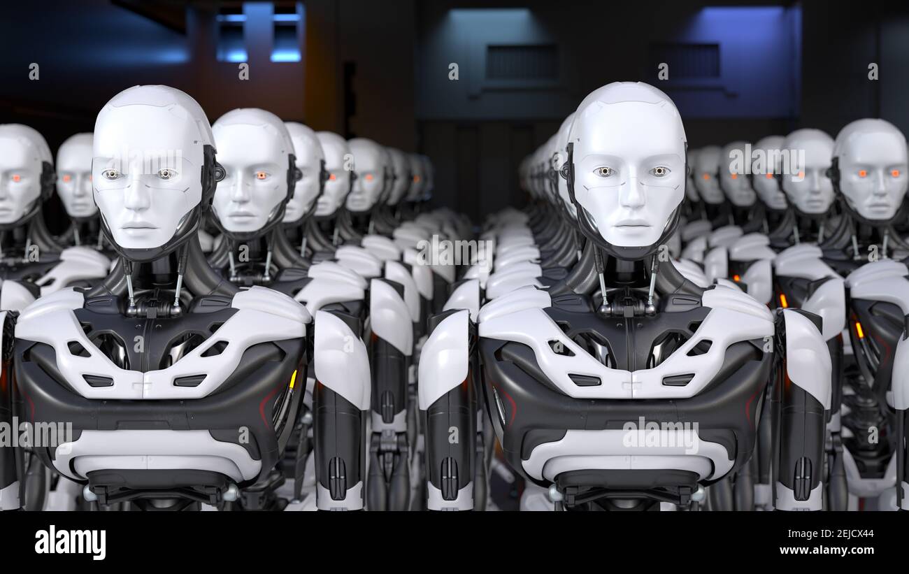 Ejército de trabajadores de robots de pie en una fila. Ilustración 3D Foto de stock