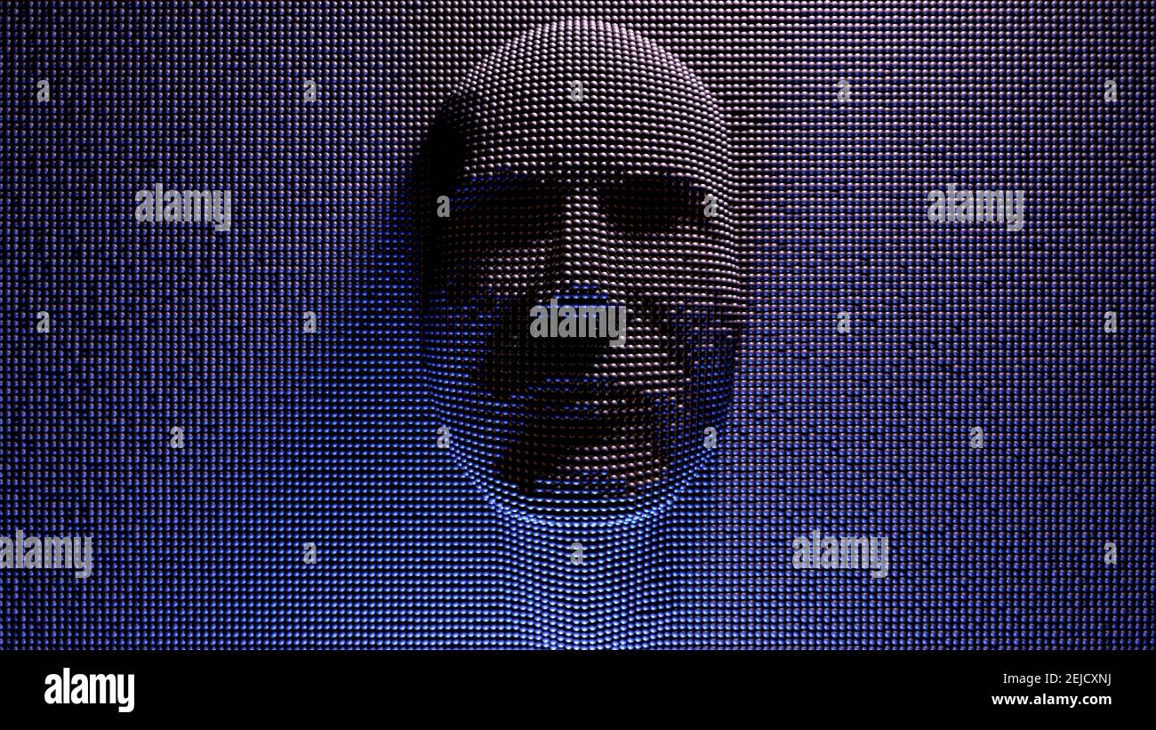 Cabeza de hombre virtual hecha de datos digitales. Ilustración 3D Foto de stock