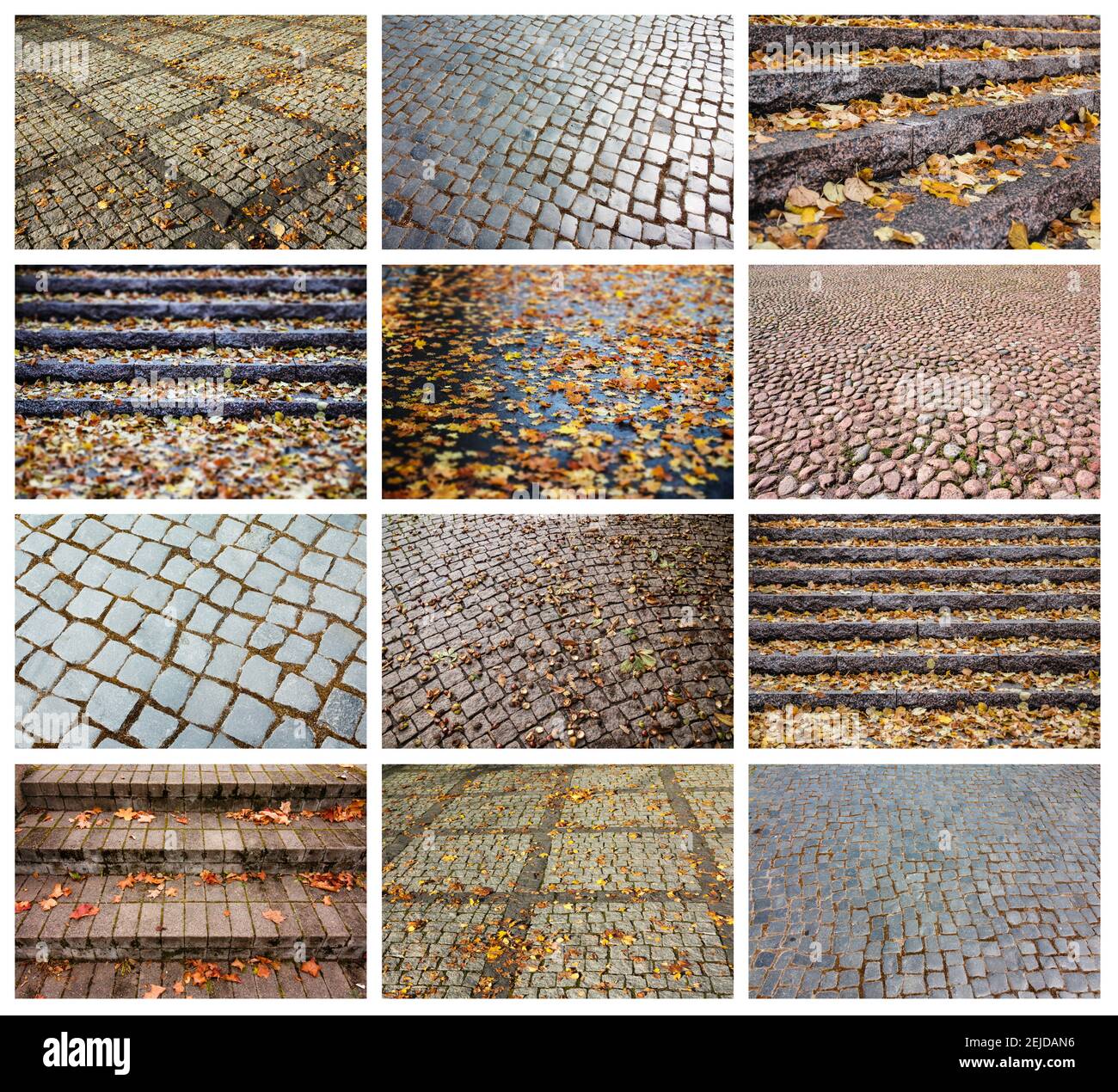 Collage con diferentes texturas de pavimento y escaleras. Tamaño completo. Foto de stock