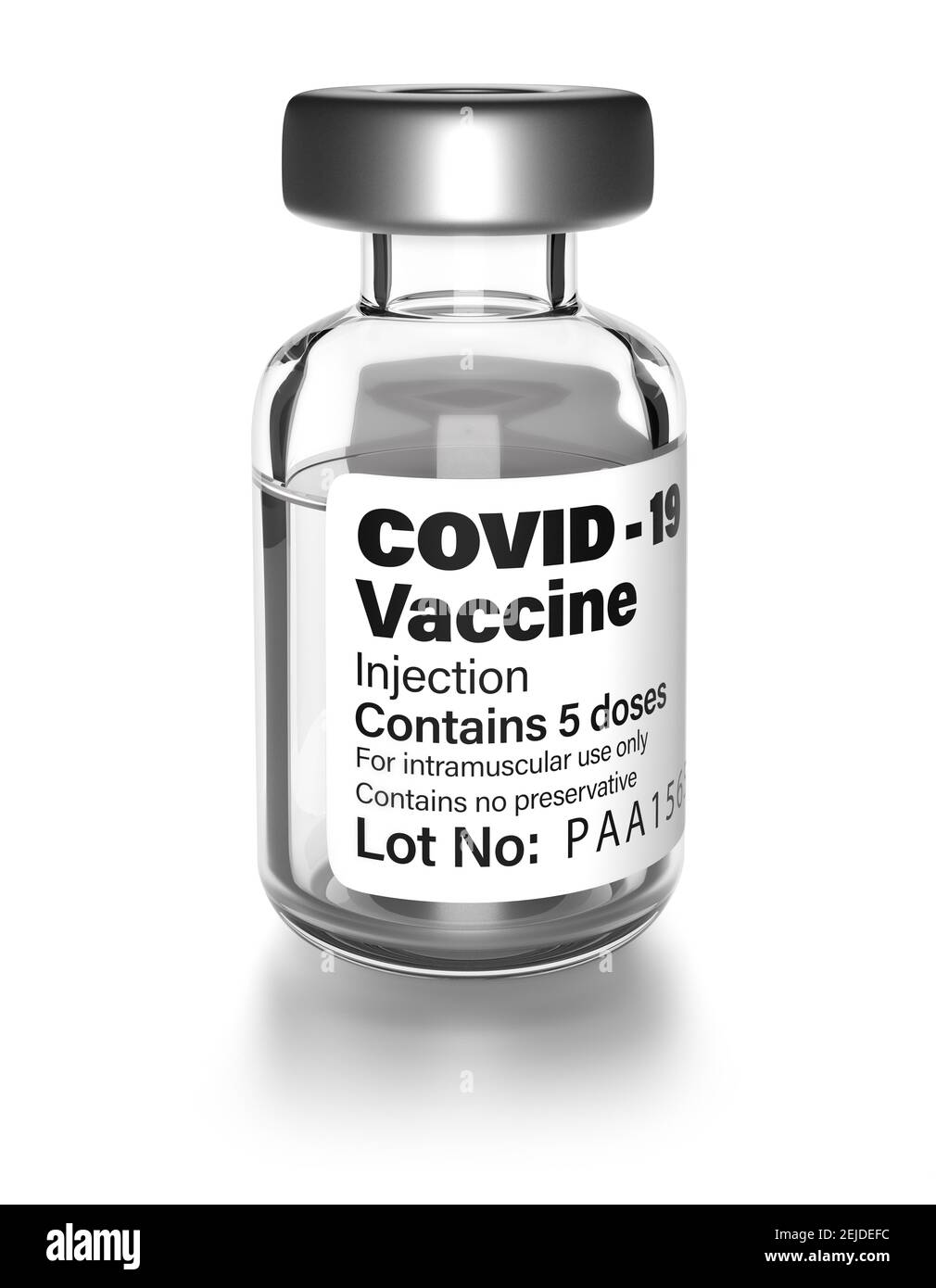Vial para la vacuna contra el coronavirus COVID-19, Vial sobre fondo blanco, cortado. Etiqueta genérica. Foto de stock