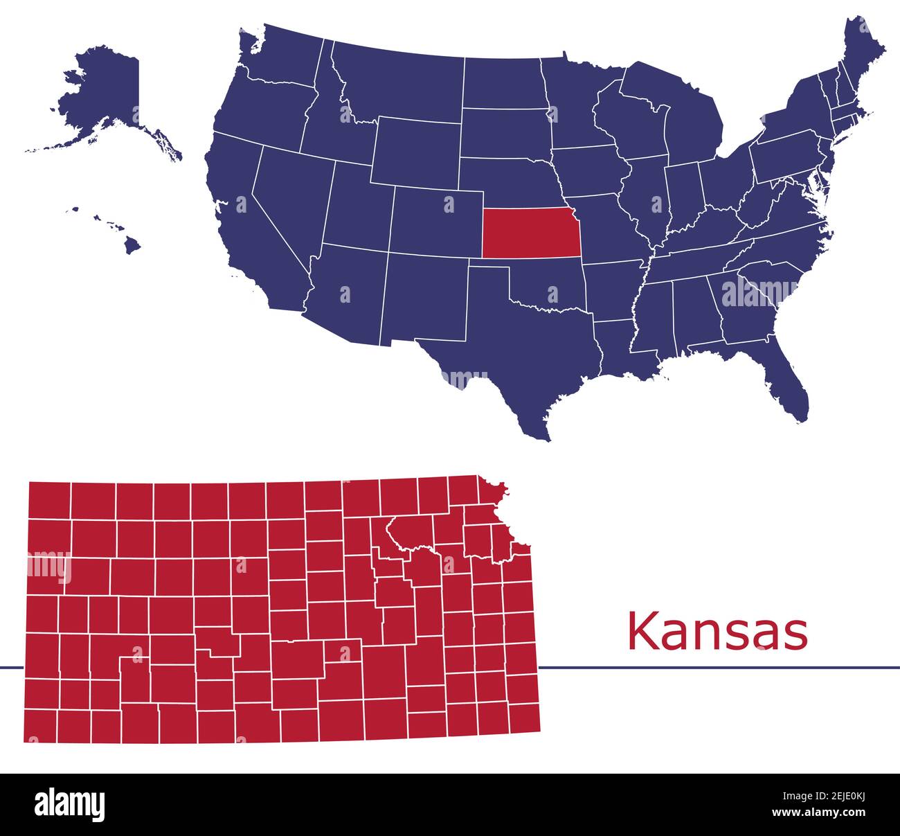 Mapa vectorial de los condados de Kansas con mapa de EE.UU. Colores
