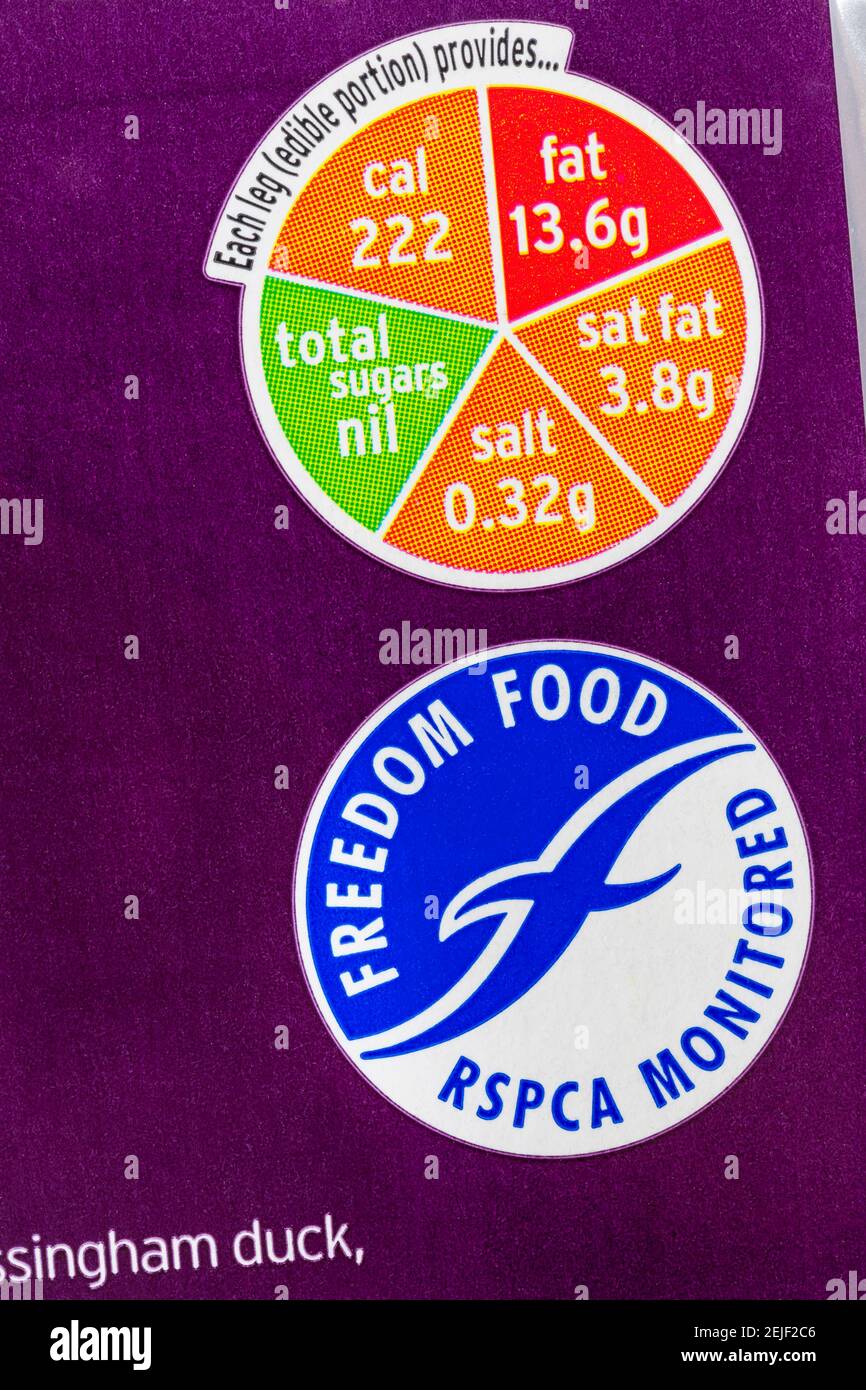 Freedom Food RSPCA etiqueta de sistema de símbolos y luces de tráfico monitoreados Color codificado en Sainsburys sabor la diferencia Gran Gressingham pato piernas Foto de stock