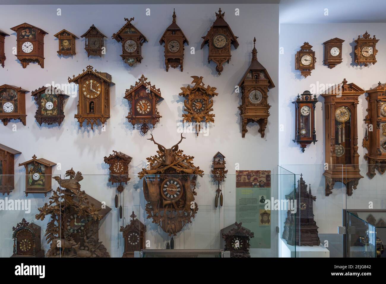 Exhibición de relojes de cuco en el Museo Alemán del Reloj, Furtwangen im Schwarzwald, Selva Negra, Baden-Wurttemberg, Alemania Foto de stock
