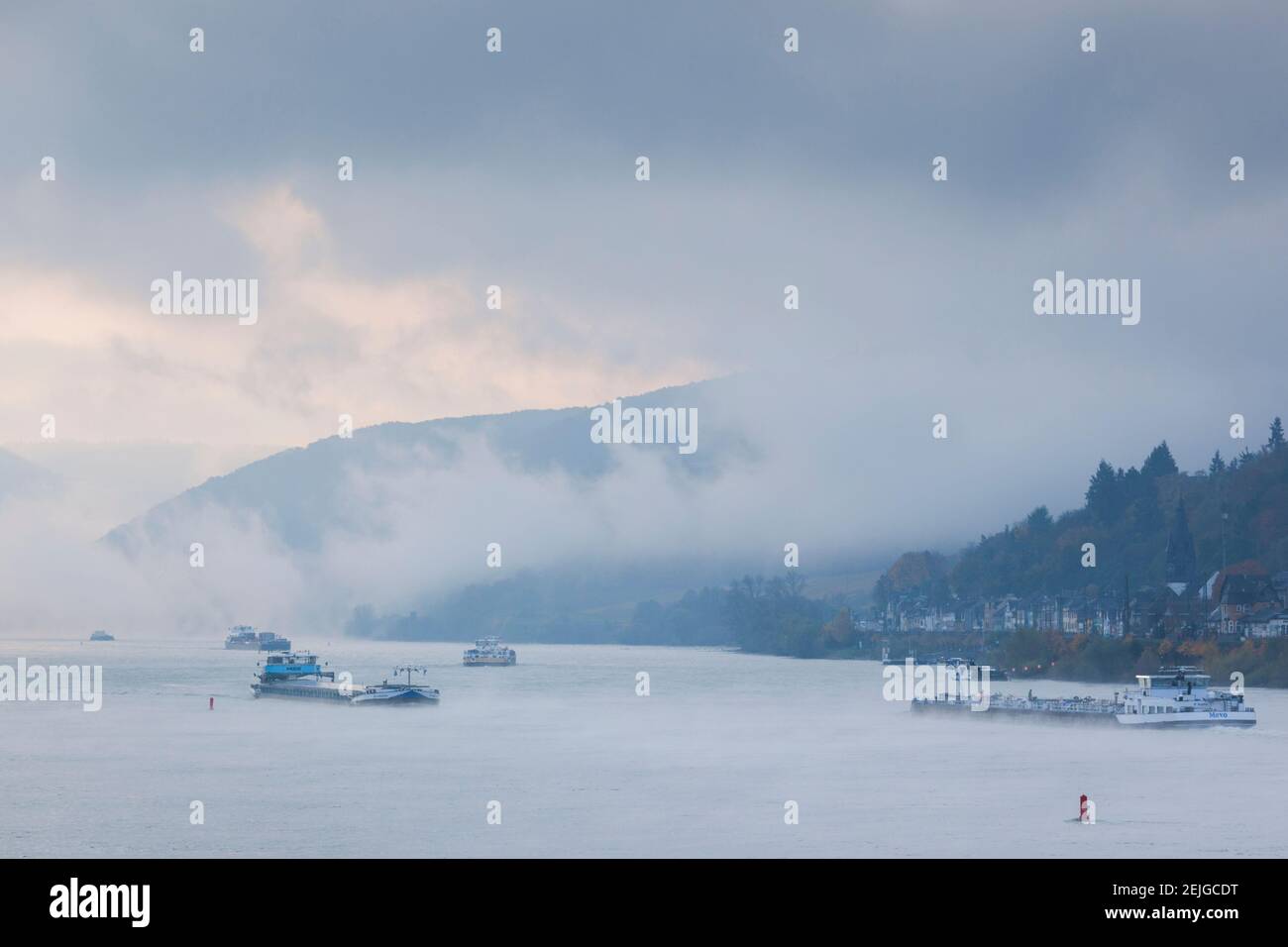 Tráfico marítimo del río Rin en niebla, Oberwesel, Renania-Palatinado, Alemania Foto de stock