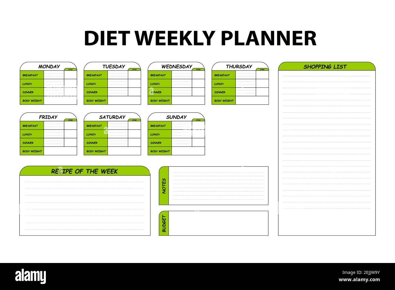 Agenda semanal de dieta de colores lindos aislados sobre fondo blanco. Plan de menú de alimentos para la dieta. Plantilla de horario diario para cocinar comidas. Plan de la semana bajo carb Ilustración del Vector