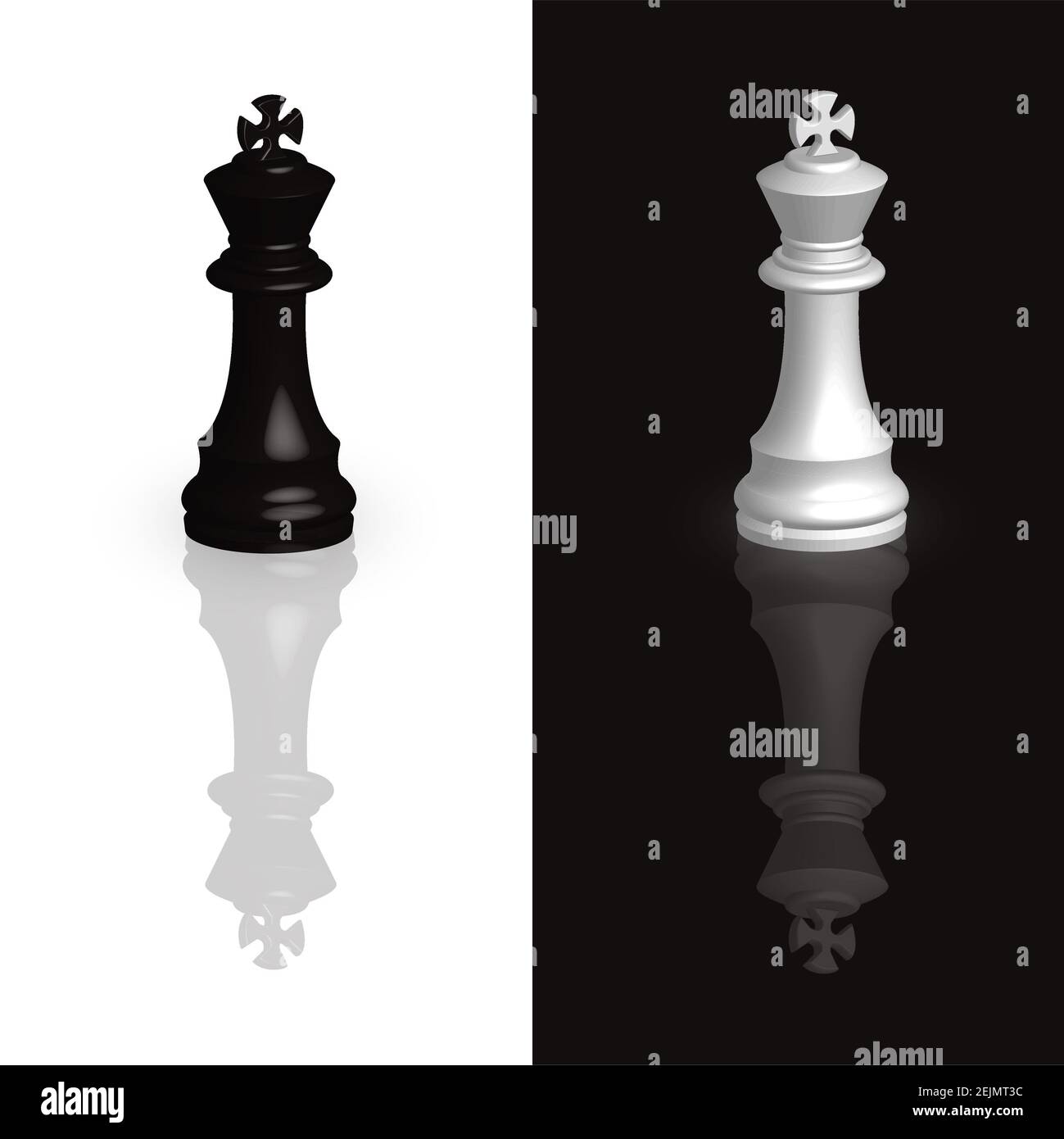 Piezas de ajedrez en 3d de rey blanco y negro aisladas sobre fondo blanco y  negro con espejo de reflexión en la superficie. Juego de mesa Fotografía de  stock - Alamy