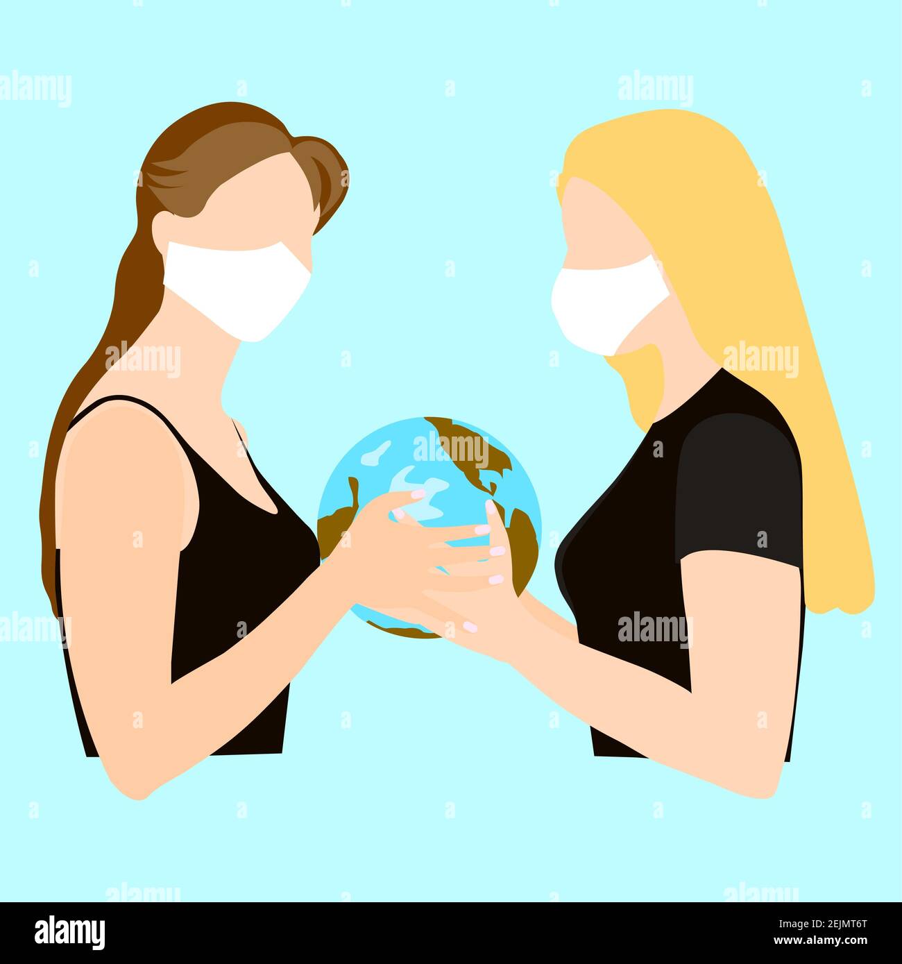 Заголовок las personas que llevan máscaras médicas protectoras durante el coronavirus protegen el planeta con sus manos. Personas en máscaras médicas. Coronavirus. Foto de stock