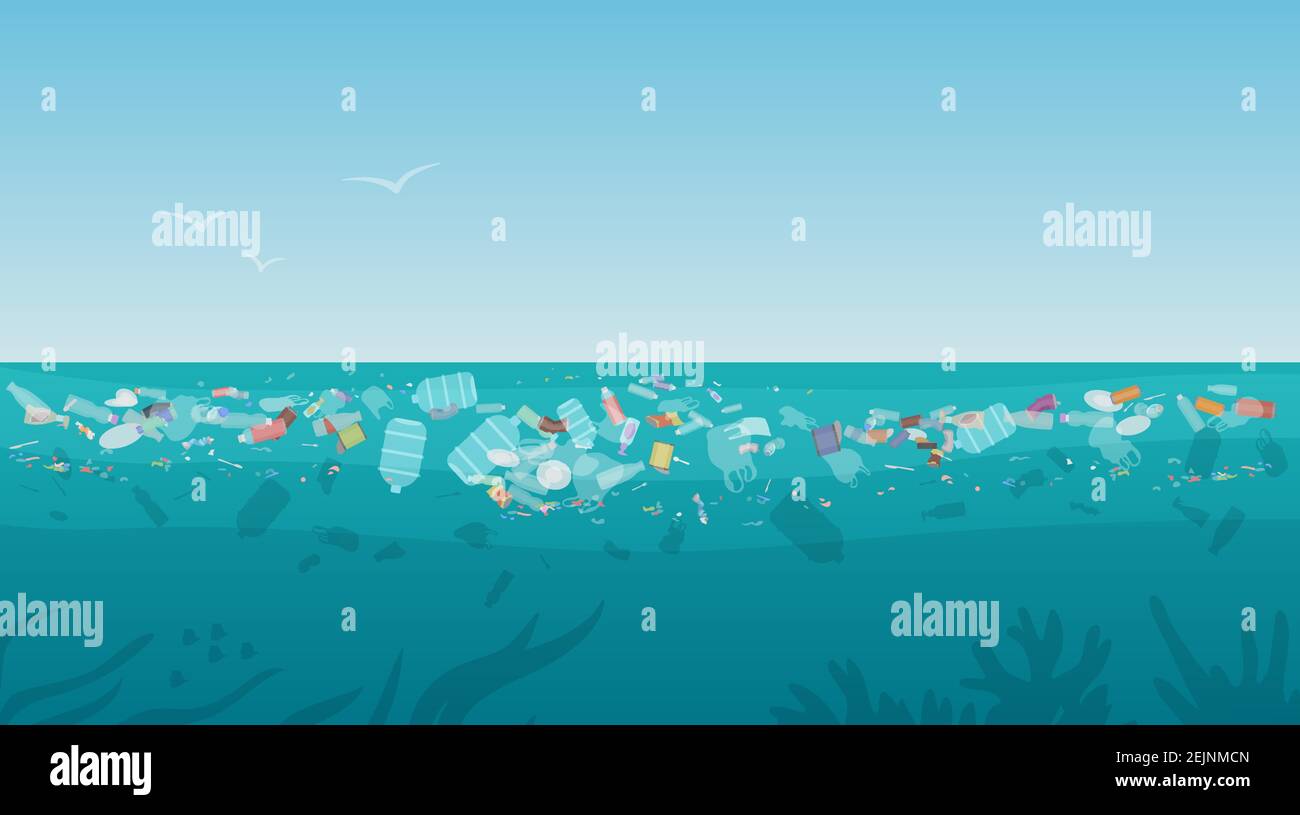 La basura en el mar contaminado el vector de agua del océano ilustración.  Dibujos animados naturaleza paisaje con botella de plástico basura basura  basura flotando en aguas de superficie sucia, mundo ambiental