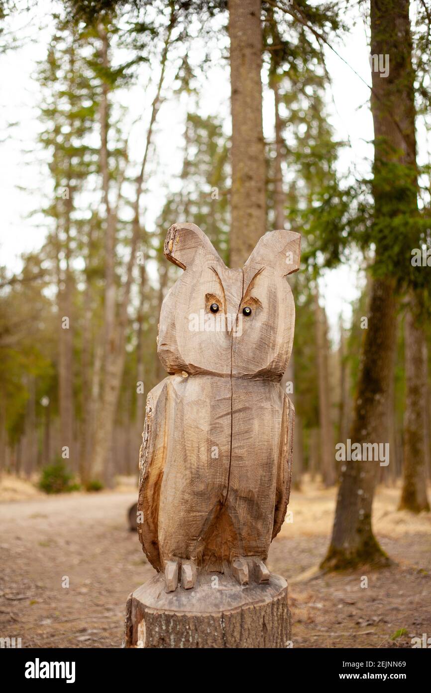 Madera de motosierra Arte tallado búho animal en un bosque de madera de  pino con muchos árboles de madera para tallar y artesanías hechas a mano de  madera Fotografía de stock -
