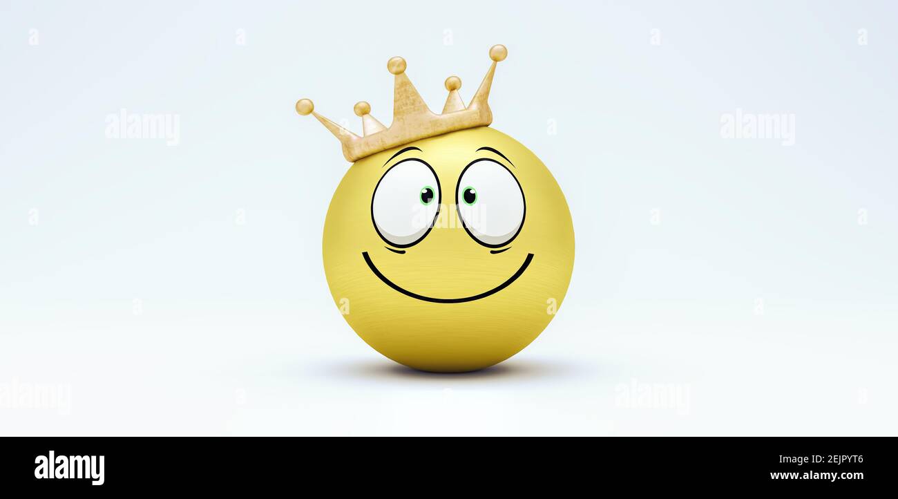 Lindo feliz emoticono con corona 3d renderizar ilustración 3d Foto de stock