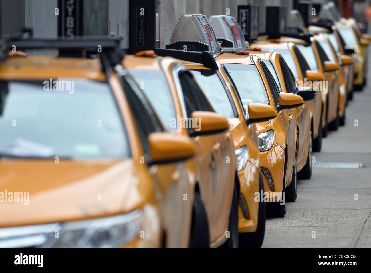 Una flota de taxis estacionados a lo largo de la acera en Northern Blvd