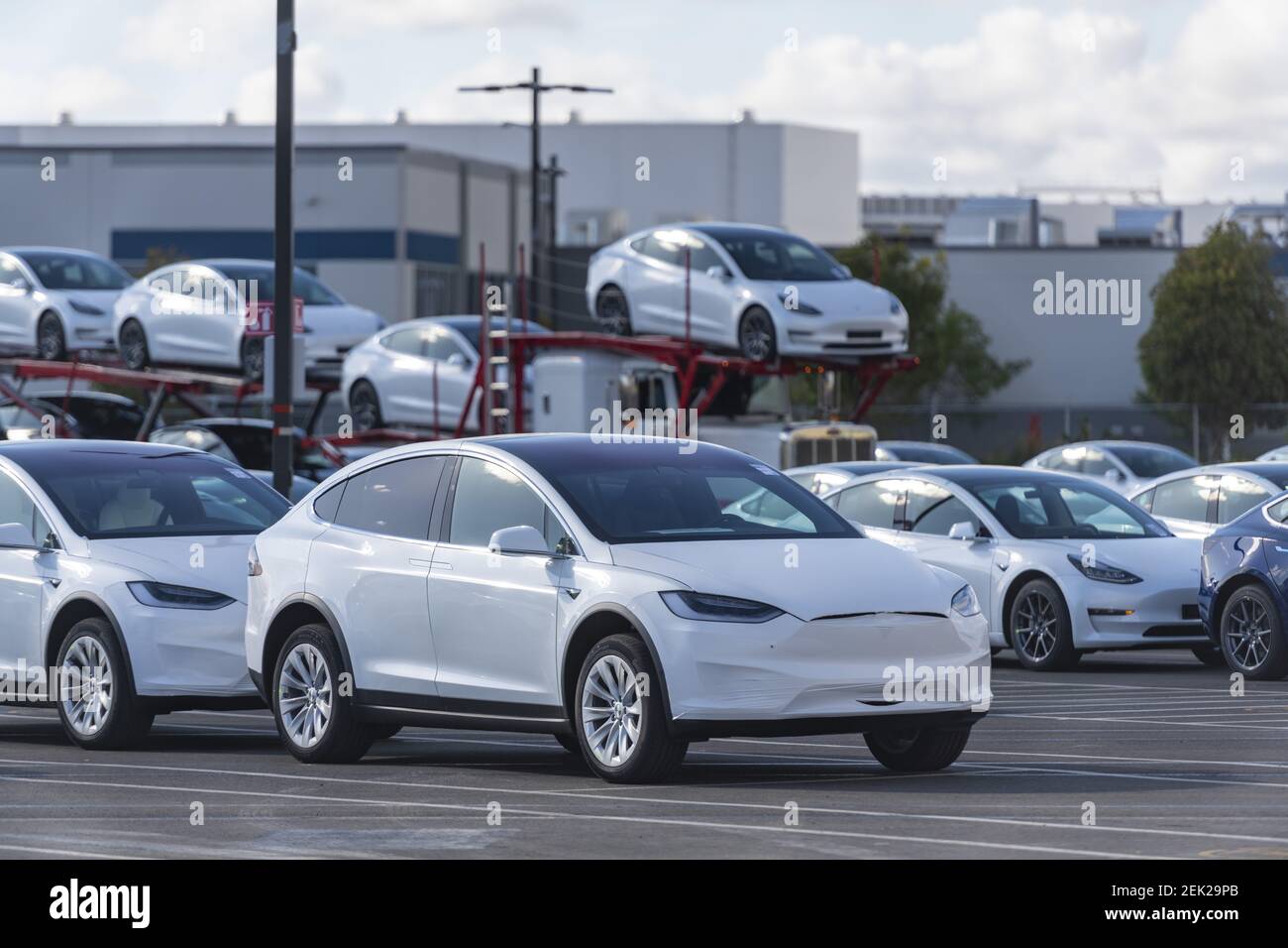 Los autos de Tesla recién hechos son vistos en la fábrica de Tesla en Fremont, California, Estados Unidos el 12 de mayo de 2020. El Condado de Alameda ha ordenado a Tesla que detenga la producción después de que el CEO Elon Musk abra desafiante la planta de fabricación de vehículos eléctricos contra una ordenanza del condado. Elon Musk insiste en que su empresa es un negocio esencial durante el cierre del coronavirus (COVID-19). (Foto de Yichuan Cao/Sipa USA) Foto de stock