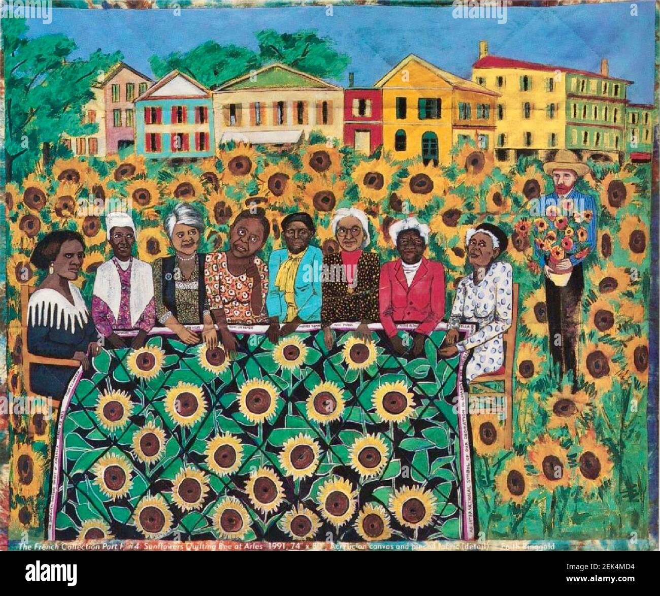 Colorista imagen de colcha pintada que muestra a un grupo de mujeres afroamericanas mostrar orgullosamente su colcha de girasol en un campo de girasol con Van Gogh. Foto de stock