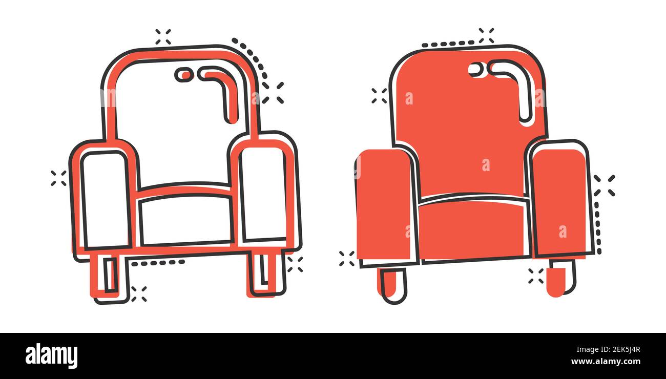 Icono de silla de cine en estilo cómic. Ilustración vectorial de dibujos  animados en sillón sobre fondo blanco aislado. Concepto empresarial de  efecto de salpicaduras de asientos de teatro Imagen Vector de