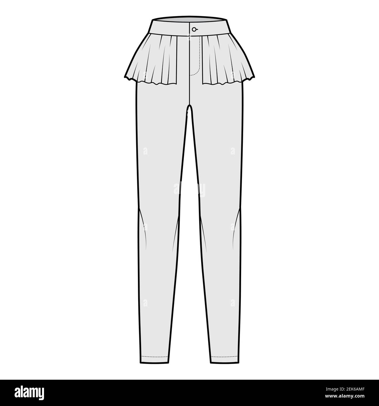 Pantalones péplum ilustración técnica de moda con cintura normal extendida,  talle alto, longitud completa, falda con volantes. Pantalón de fondo plano  ropa plantilla frontal, color gris. Mujeres hombres unisex CAD mascup Imagen