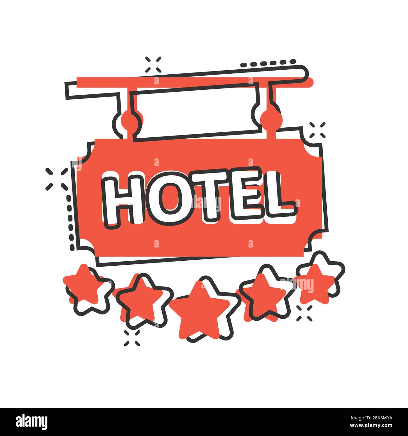 Hotel 5 estrellas signo icono en estilo cómic. Inn dibujo vectorial de  dibujos animados sobre fondo blanco aislado. Información general de las  habitaciones del albergue Splash effect business c Imagen Vector de