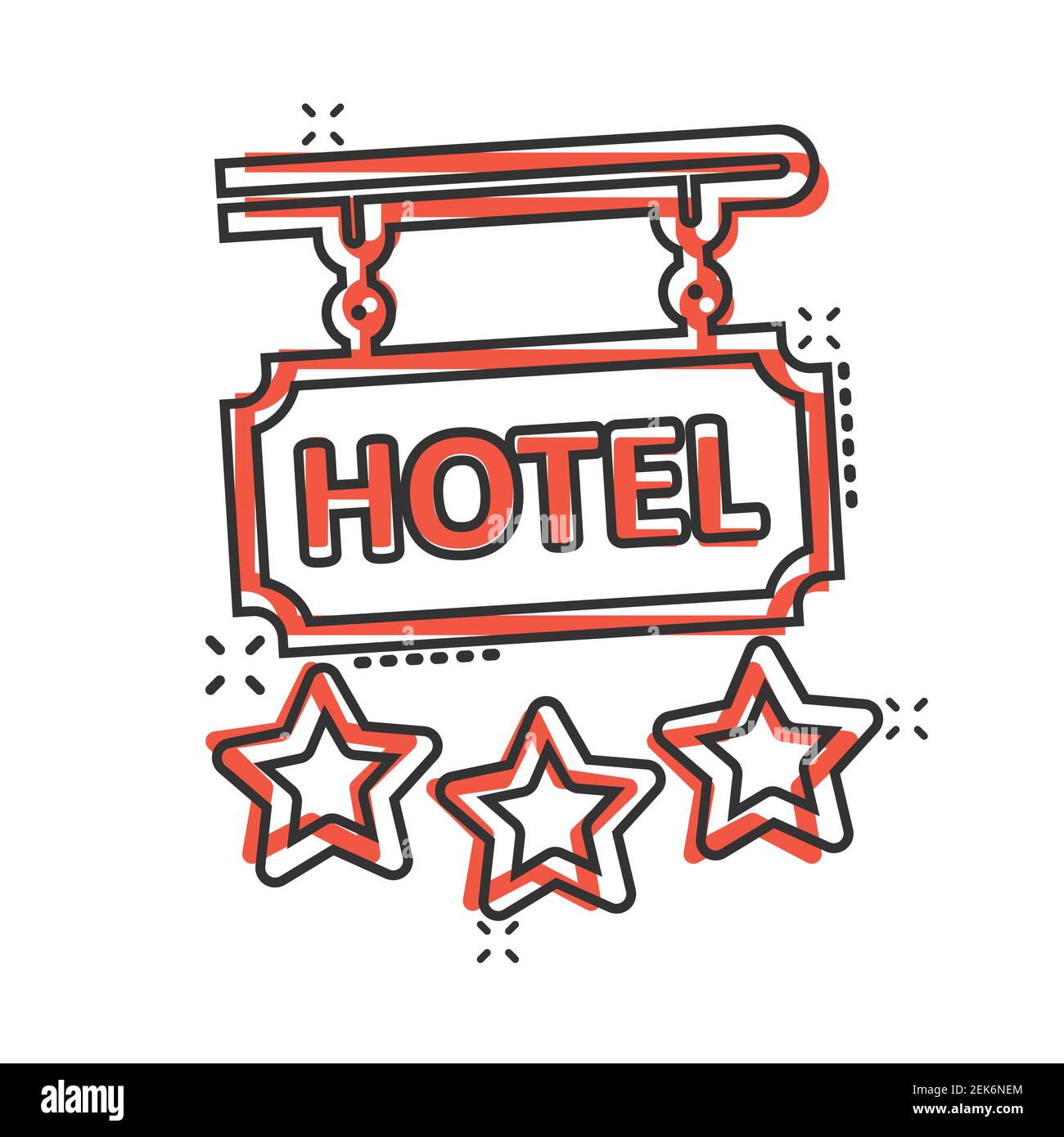 Hotel 3 estrellas signo icono en estilo cómic. Inn dibujo vectorial de  dibujos animados sobre fondo blanco aislado. Información general de las  habitaciones del albergue Splash effect business c Imagen Vector de